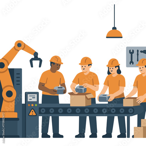 Factory workers assemble products on a production line, with machines and tools prominently displayed in the foreground