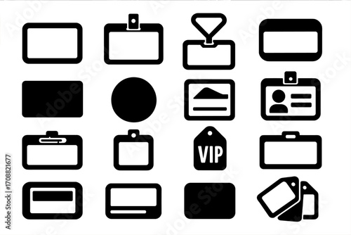 Identification theme silhouette icon set. featuring name badge, id card, vip, lanyard, tag, and pass symbols