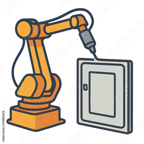 An industrial robotic dosing dispenser machine coats the metal door blank with a hardening sealant