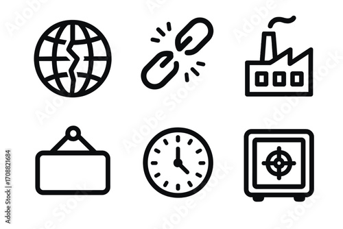 Environment and industry silhouette icon set. featuring globe, broken-link, factory, sign, clock, and safe symbols