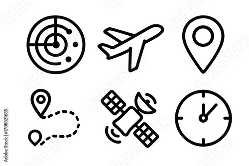 Transportation silhouette icon set. featuring radar, plane, location, route, satellite, and clock symbols