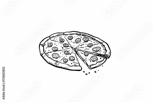 Hand drawn pizza illustration with ink line art style featuring fresh ingredients like pepperoni and olives on a delicious slice