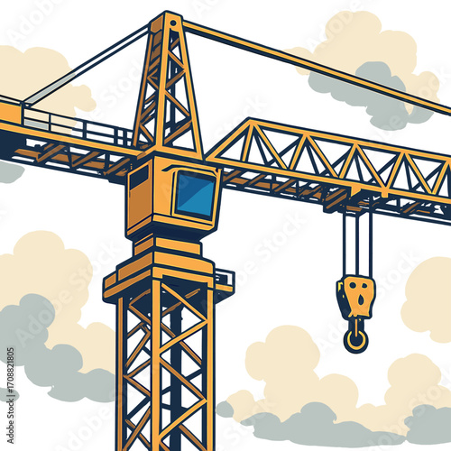 A dramatic close-up of a crane reveals the fine details of construction equipment set against a clear blue sky dotted with fluffy clouds
