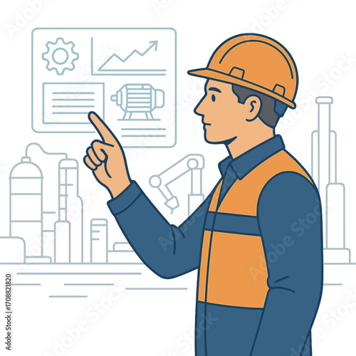 A factory worker engages with a digital interface, touching a holographic display that shows technical data