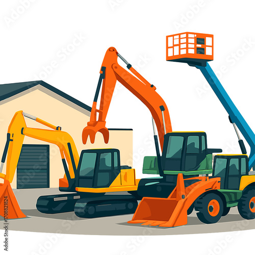 Brightly painted heavy construction machinery is parked beside a warehouse and is available for rent or purchase for industrial projects