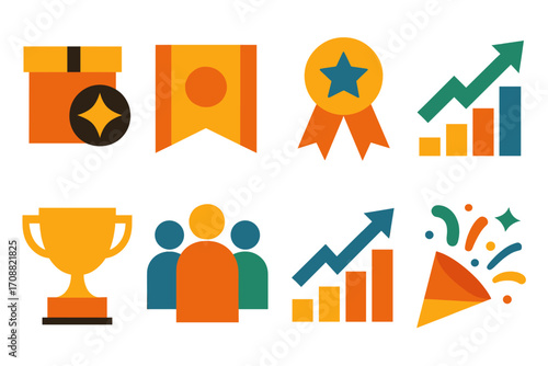 Business achievements flat icon set. featuring award, growth, celebration, medal, team, chart, trophy symbols