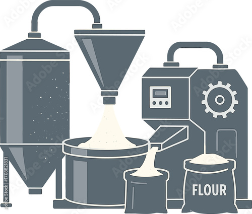 Mass food manufacturing is exemplified by industrial flour production underway, featuring large metal equipment and fine flour dust drifting in the air