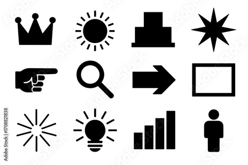 Business essentials silhouette icon set. featuring crown, sun, podium, star, pointer, magnifying glass, arrow, frame, spark, lightbulb, graph, and person symbols