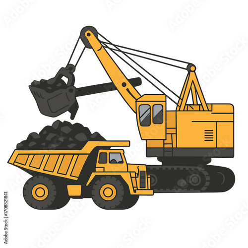 A large yellow quarry dump excavator at the work site loads coal into a body truck, using mining machinery to move rock and produce useful minerals