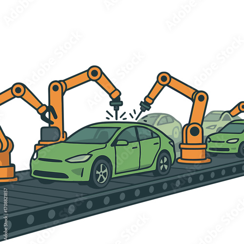 D car factory concept featuring automated robotic arm assembly lines for high‑tech green electric vehicles, with automatic construction, building, welding, and conveyor‑based industrial production