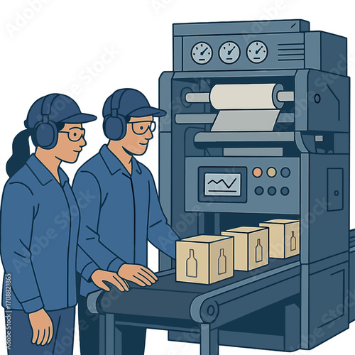 A portrait of factory workers overseeing the production line of a modern packaging machine in a printing plant