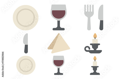 Dining essentials flat icon set. featuring plate, wine glass, cutlery, napkin, and candle icons