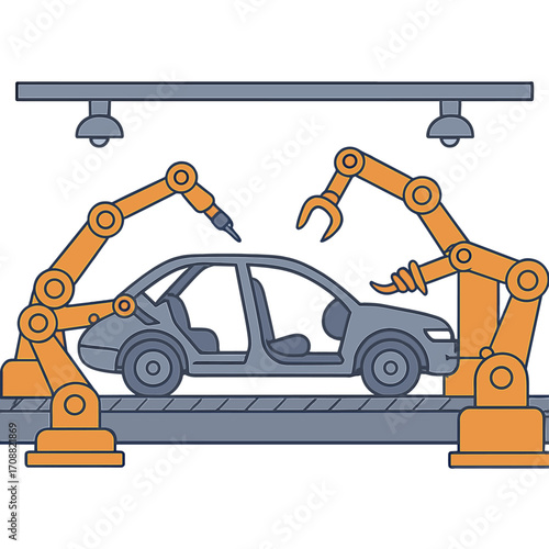 The car manufacturing plant features a robotic assembly line, modern vehicle production processes, and is part of the automotive industry