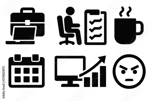 Office business silhouette icon set. featuring laptop, meeting, checklist, coffee, calendar, analytics, and mood symbols