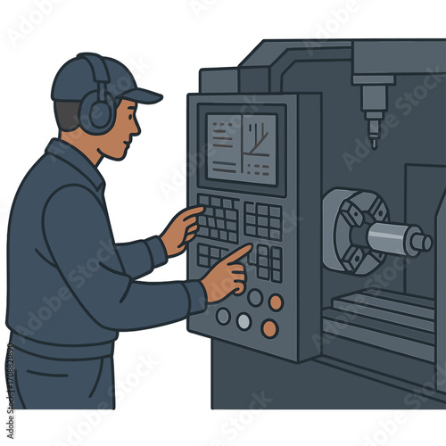 A metal machining industry worker operates a CNC machine