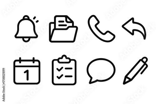 Office tools silhouette icon set. featuring bell, folder, phone, reply, calendar, checklist, chat, and pen symbols