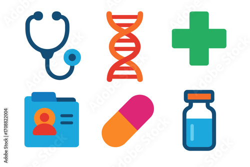 Medical equipment silhouette icon set. featuring stethoscope, dna, cross, folder, pill, and vial symbols