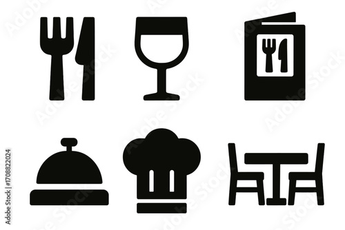 Restaurant silhouette icon set. featuring cutlery, wine glass, menu, bell, chef hat, dining table symbols