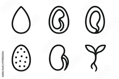 Plant growth silhouette icon set. featuring seed, sprout, sapling, germination, and pod symbols