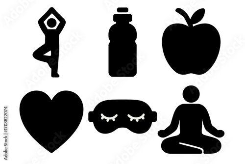 Wellness and health silhouette icon set. featuring yoga, water bottle, apple, heart, sleep mask, meditation symbols