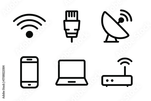 Communication technology silhouette icon set. featuring wi-fi, ethernet, satellite, smartphone, laptop, and router symbols