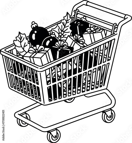 Shopping cart overflowing with festive Christmas gifts and ornaments, ready for holiday celebrations.