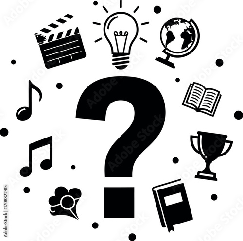 Giant question mark surrounded by symbols of knowledge and creativity, representing curiosity and learning.