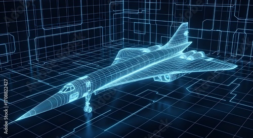 Blue wireframe supersonic passenger jet airplane on a digital grid background aircraft