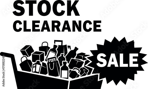Full shopping cart with "Stock Clearance Sale" graphic, representing retail discounts and bargains.