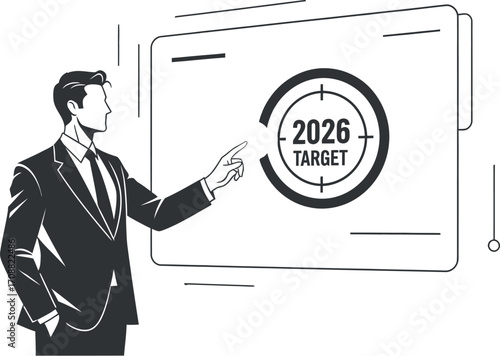 Businessman pointing at a futuristic screen displaying the year 2026 as a target.
