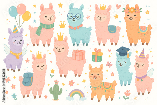 Set of cute cartoon llamas in festive outfits with party hats, accessories, and whimsical decorations
