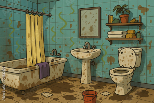 Vector illustration of a very dirty messy bathroom with stained bathtub, sink, toilet, and clutter