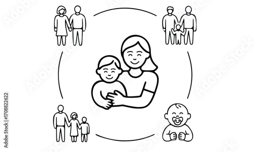 Family of four cartoon illustration with parents and children in simple vector drawing style