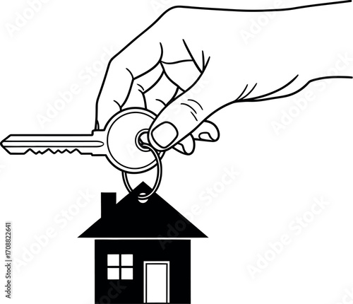 Hand holding a house key with a miniature house keychain, symbolizing home ownership.