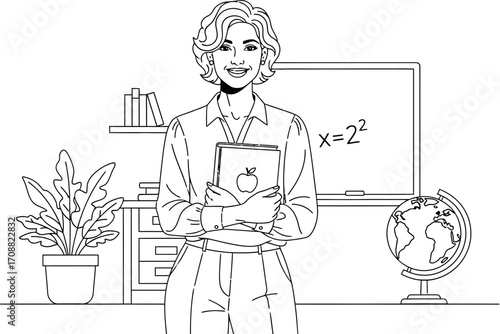 Smiling teacher holding books in a classroom with a globe and plant