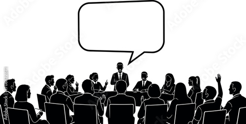 Diverse group of people in silhouette engaging in a meeting with a speaker at the front, under a large speech bubble.