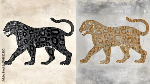 Two jaguars one black and one spotted walking side by side.