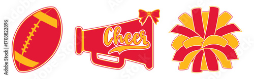 Cheerleading illustration, Red and Gold Cheerleader Pom-pom, a megaphone and a Football. Kansas City Cheerleader illustration.