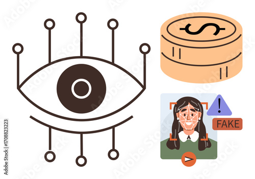 Eye with connected nodes, stack of dollar coins, and deepfake detection warning. Ideal for AI, surveillance, economy, cybercrime, media authenticity blockchain technological impact. Simple flat