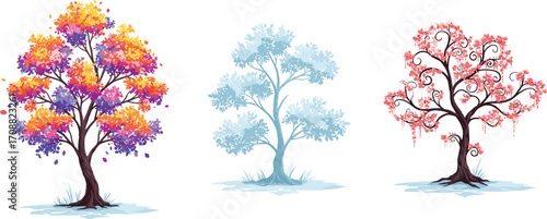 Colorful fantasy tree illustration, abstract decorative nature design, magical forest artwork, pink blossom tree, seasonal foliage, creative botanical landscape drawing