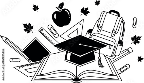 Open book and graduation cap surrounded by school supplies and falling leaves, symbolizing education and learning.