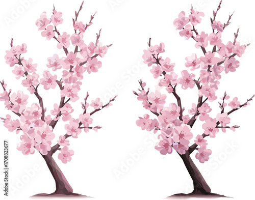 Pink cherry blossom tree illustration, Japanese sakura design, floral spring artwork, blooming nature scene, seasonal beauty, decorative plant, digital art, garden