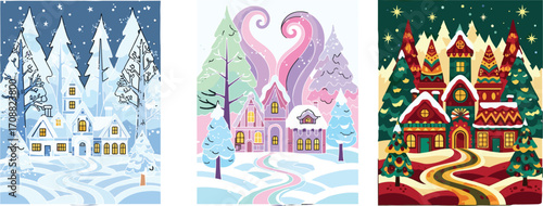 Winter holiday village illustration, snowy forest houses, Christmas season artwork, cozy cabin scene, festive landscape, winter wonderland design, snowfall background
