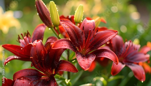 Dew-Kissed Dark Red Lilies in a Garden Setting