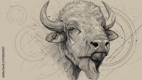 Close-up of a Bisons Head Detailed Portrait.