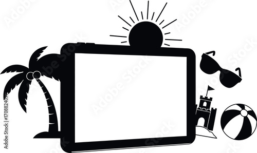 Digital tablet displaying a blank screen surrounded by tropical beach vacation elements