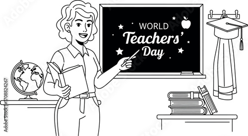 Happy teacher celebrating World Teachers' Day with a lesson and classroom elements