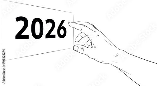 Hand reaching out to touch the number 2026, signifying future planning and new beginnings.
