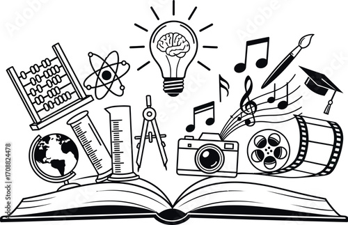Open book of knowledge with symbols of education, science, music, and art.