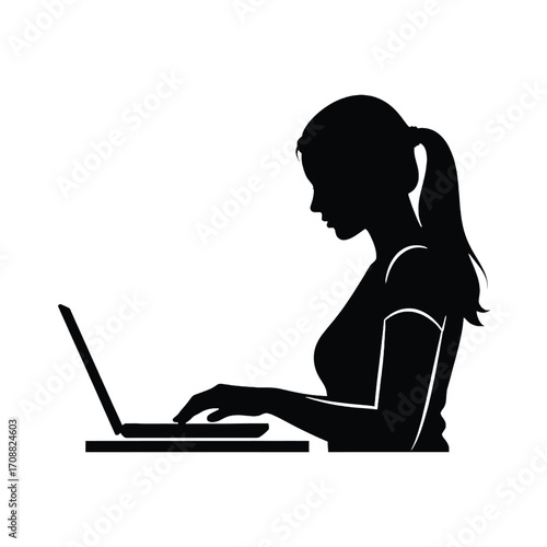 Silhouette of a woman working on a laptop at a desk vector illustration for digital content silhouette